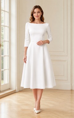 Salon Composure White A-Line Tea-Length Bateau Three-Quarter-Sleeve Satin Modest Cocktail Dress