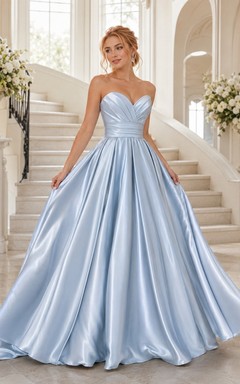 Sky Blue Romantic Luxury Strapless Sleeveless Satin Pleated Ball-Gown Floor-Length Evening Dress