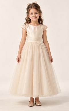 Champagne A-line Tulle Lace-cap Satin-bodice Ankle-length Pleated-waist Round-Neck Flower Girl Dress