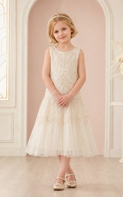 A-Line 1920s Inspired Beaded Flower Girl Dress with Sleeveless Beaded Bodice, Sequined Tulle, Tea-Length Hem, Deco Formal Style