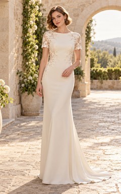Modest Bateau Floral Short Sleeve Satin Sheath Train Wedding Dress