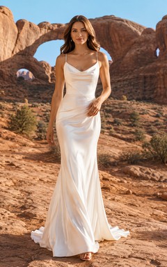 Robe de mariée fourreau en satin à bretelles spaghetti, col bénitier et traîne, dos nu, avec bretelles spaghetti et col roulé
