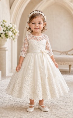 Modest Baby Baptism Christening Ceremony Dress A-Line Tea-Length Jewel Neck Long Lace Sleeve Tulle Lace Bow Back Button Back