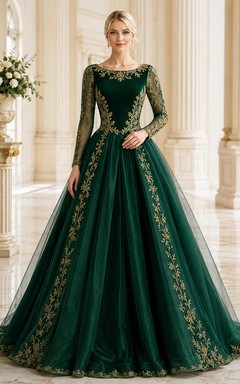 Dark Green Princess Embroidered Off Shoulder Long Sleeve Ball Gown Dress
