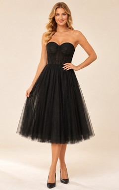 Tulle Waltz Black A-Line Tea-Length Strapless Sleeveless Vintage Cocktail Dress