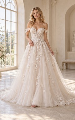 Schulterfreies 3D-Blumenapplikationen-Tüll-Ballkleid für Hochzeiten