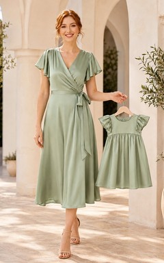 Sage Green V-Neck Flutter Sleeve Sash A-Line Tea-Length Mother Dress