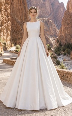 Schlichtes, ärmelloses Brautkleid aus Satin mit U-Boot-Ausschnitt, Falten, A-Linie, tiefem Rückenausschnitt und Schleppe