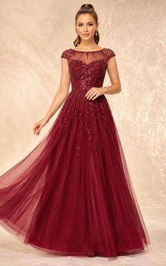 Burgundy Lace Tulle Square Neck Short Sleeve Ball Gown Formal Dress