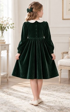 Robe de demoiselle d'honneur modeste, vert foncé, manches longues, longueur genou, couleur crème, boutonnière évasée.