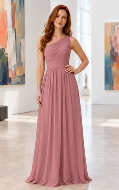 Gallery Formal Dusty Rose Simple Elegant A-Line Chiffon Bridesmaid Dress with One-Shoulder Sleeveless Floor-Length Pleated Open Back