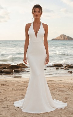 Halter Crepe Mermaid Wedding Dress with Plunging V-Neck and Low Back Train