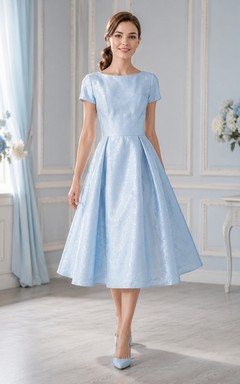Robe cocktail vintage bleu ciel en satin, coupe trapèze, longueur thé, col en V, manches courtes