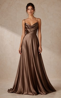 Mocha Satin Formal Dress with Cowl Neck A-Line Gown