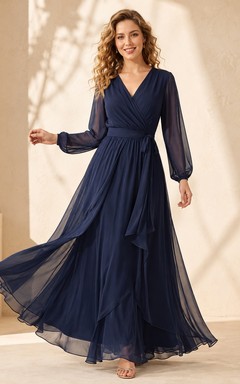 Elegant Dark Navy V-Neck Long Sleeve Chiffon A-Line Floor-Length Wrap Dress