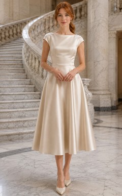 Robe de mariée mi-longue en satin à manches cape et bateau Courthouse Champagne