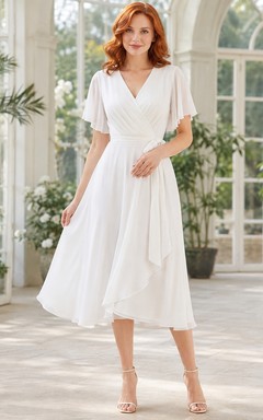 Robe romantique blanche en mousseline de soie, cache-cœur, col en V, manches courtes, coupe trapèze, drapée, longueur thé