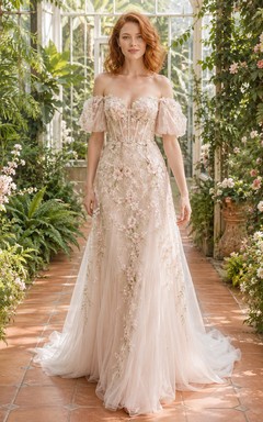 Brautkleid aus Tüll mit Puffärmeln, floraler Stickerei und Gewächshausmotiv