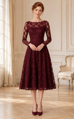 Burgundy Long Sleeve Lace A Line Vintage Formal Midi Dress