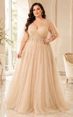 Champagne Tulle Square Neck Three-quarter Sleeve Plus Size A-Line Gown