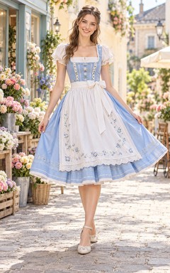 Vintage Sky Blue Square Neck Puff Sleeve Floral Dirndl Dress
