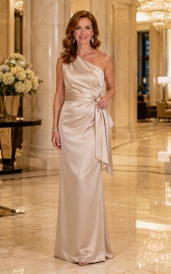 Champagnerfarbenes, modernes, bodenlanges Etuikleid aus Satin für die Mutter der Braut mit One-Shoulder-Ausschnitt, schmaler Taillenschärpe und seitlicher Drapierung