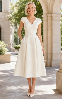 Vestido de novia sencillo de corte A, largo hasta la rodilla, escote en V, manga corta, estilo formal, para juzgado civil.