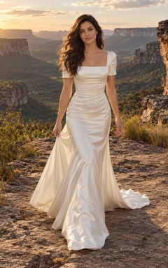 Meerjungfrauen-Brautkleid aus Charmeuse mit eckigem Ausschnitt, kurzen Ärmeln, gerafftem Oberteil und Schleppe
