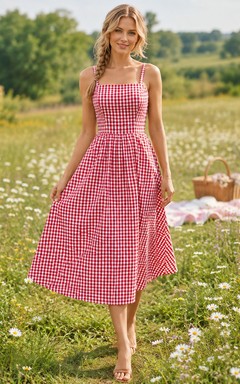 Pink Gingham Smocked Tie Strap Picnic Midi Dress