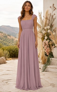 Mauvefarbenes Chiffon-Brautjungfernkleid mit eckigem Ausschnitt und A-Linie