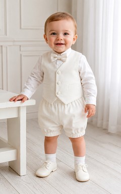 Traje de bautizo para bebé niño, color marfil, chaleco abotonado, manga larga, pantalón corto tipo burbuja.
