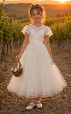 Vestido de niña de flores de tul y encaje con mangas cortas, largo hasta la rodilla, de estilo campestre.