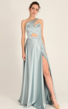 Elegantes, bodenlanges, ärmelloses A-Linien-Abendkleid aus Satin mit Reißverschluss und Schlitz vorne