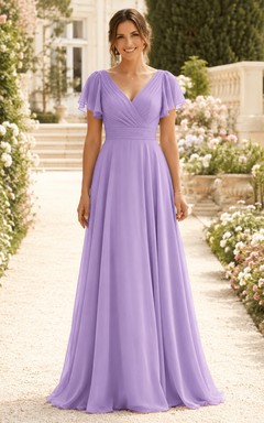 Lavender A-Line Chiffon V-Neck Bridesmaid Dress with Flutter Sleeves