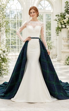 Schottisches Clan-Tartan-Hochzeitskleid im Meerjungfrauenstil mit abnehmbarem Rock, langen Ärmeln, hohem Kragen und Spitze