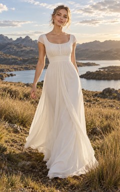 Vestido de novia de georgette con escote redondo, mangas cortas, corpiño plisado y falda en línea A.