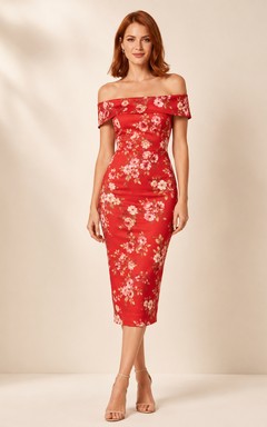 Red Floral Off Shoulder Sheath Cocktail Midi Dress