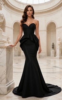 Black strapless peplum mermaid train museum gala gown