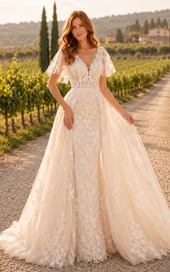 Brautkleid aus Spitze und Tüll, A-Linie, V-Ausschnitt, kurze Ärmel, Schleppe