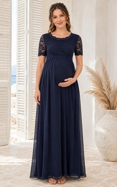 Maternity Modest Navy Bateau Lace Cap Sleeve Floor-Length Dress