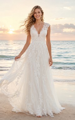 Brautkleid mit kurzen Ärmeln, Strandspitze, A-Linie, Meeresbrise