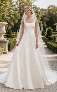Minimalist Square Neck Satin A-Line Garden Wedding Dress