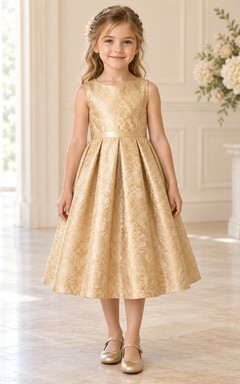 Tea-length Gold Jewel Sleeveless Leaf-patterned Ribbon-waist Box-pleated Zipper-back Brocade Flower Girl Dress