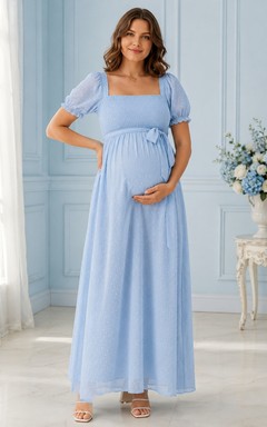 Sky Blue Chiffon Square Neck Puff Sleeve Empire Floor-length Maternity Guest Dress