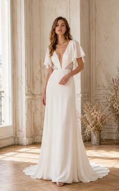Robe de mariée minimaliste en mousseline classique, décolleté en V profond, manches papillon, coupe fourreau et traîne, idéale pour un mariage au bord d'un lac.