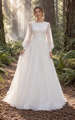 Vestido de novia sencillo de organza hasta el suelo, de corte A, con escote barco y botones, de manga larga.