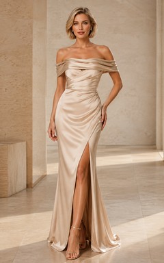 Champagne Off-Shoulder Ruched Satin Mermaid Split-Front Formal Evening Gown Sexy