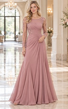 Dusty Rose Boat Neck Lace Long Sleeve Ruched Formal Gown