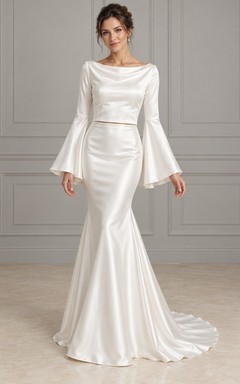 Two Piece Mermaid Cowl Neck Long Bell Sleeve Wedding Dress