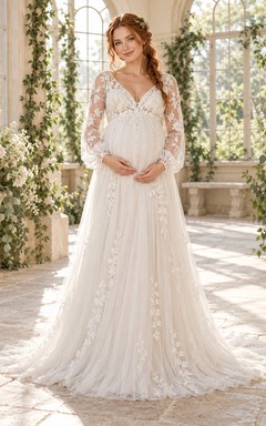 Maternity Long Sleeve V-neck Floral Lace Empire Bridal Wedding Dress